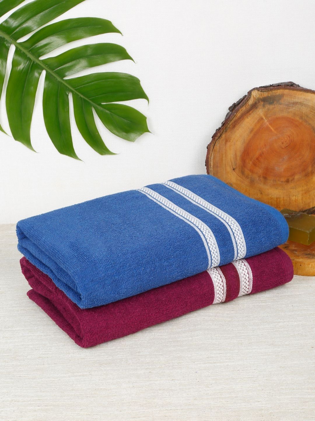 Creeva Maroon & Blue 2 Pieces Cotton 400 GSM Bath Towels