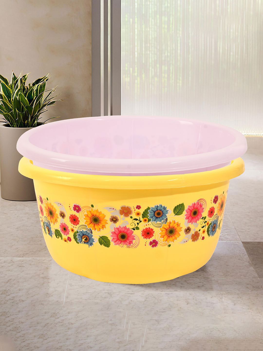Kuber Industries Yellow & Pink 2 Pieces Floral Printed Matte Bath Tub