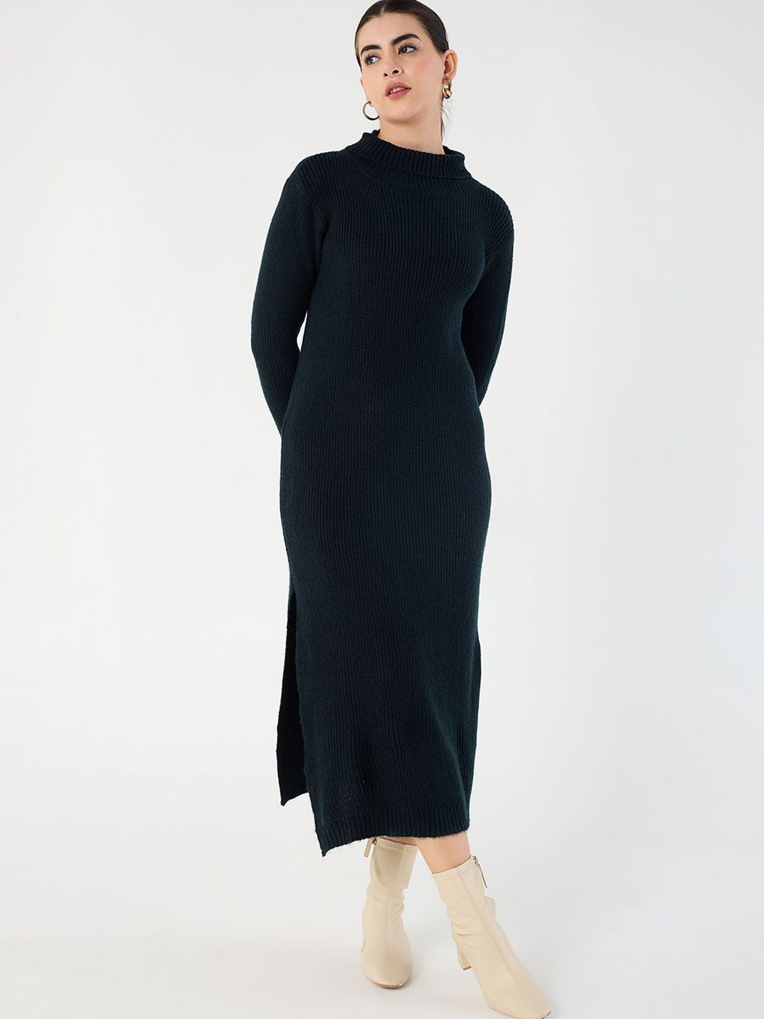 FEMMELLA High Neck Slit Midi Winter Wear Dress