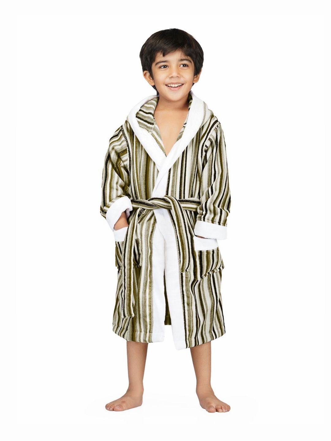 RANGOLI White & Green Striped Pure Cotton 400 GSM Bath Robe