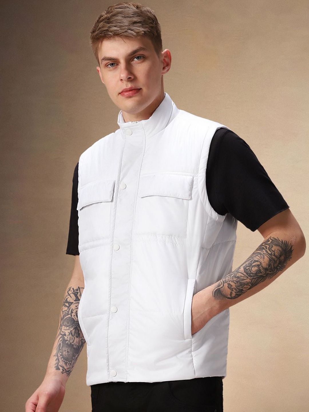 Dennis Lingo Men Mock Collar Solid Casual Puffer Jacket