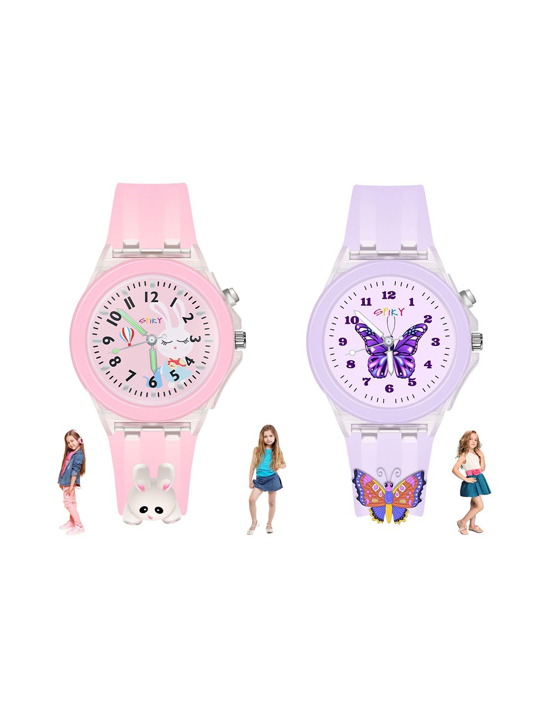 Spiky Girls 3D Cartoon Light Dial & Embellished Straps Analogue Watch Combo_RabButterfly