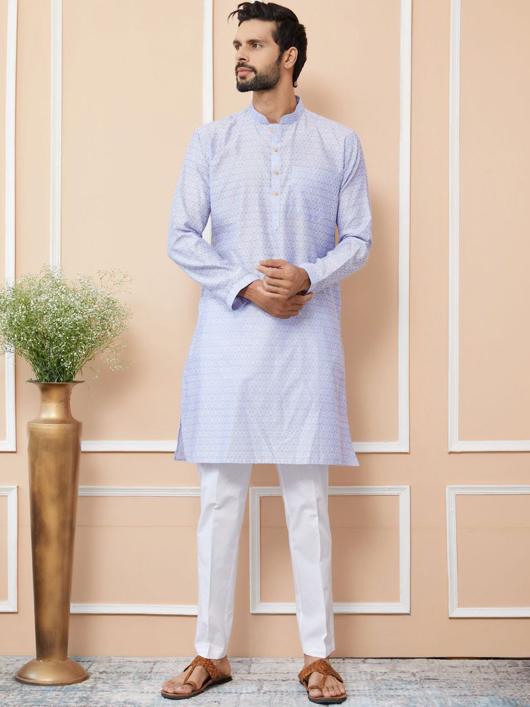 See Designs Ethnic Motifs Printed Mandarin Collar Jacquard Silk Straight Kurta