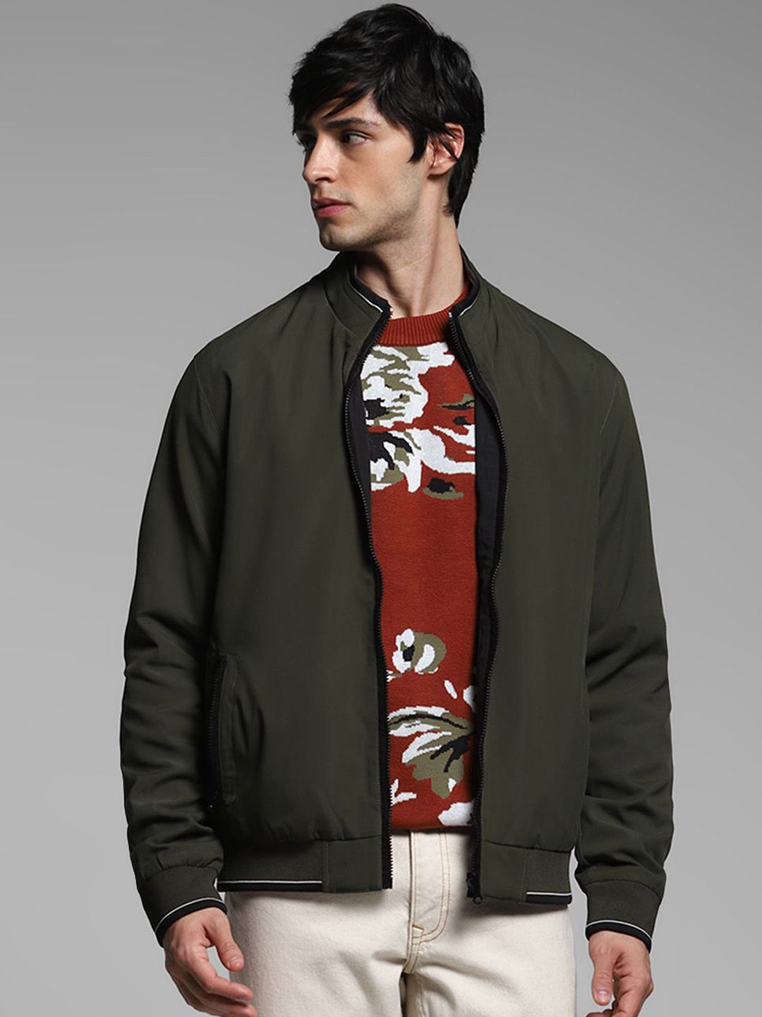 Jack & Jones Men Mock Collar Solid Casual Bomber Jacket