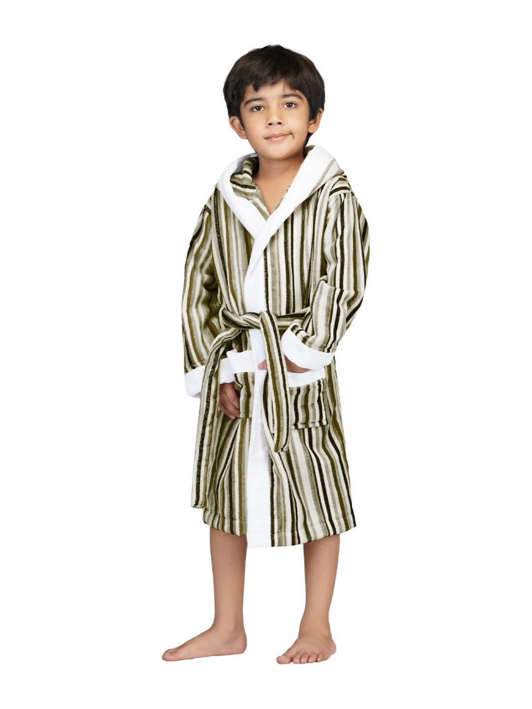 RANGOLI Grey & White Striped Cotton 400 GSM Bath Robe