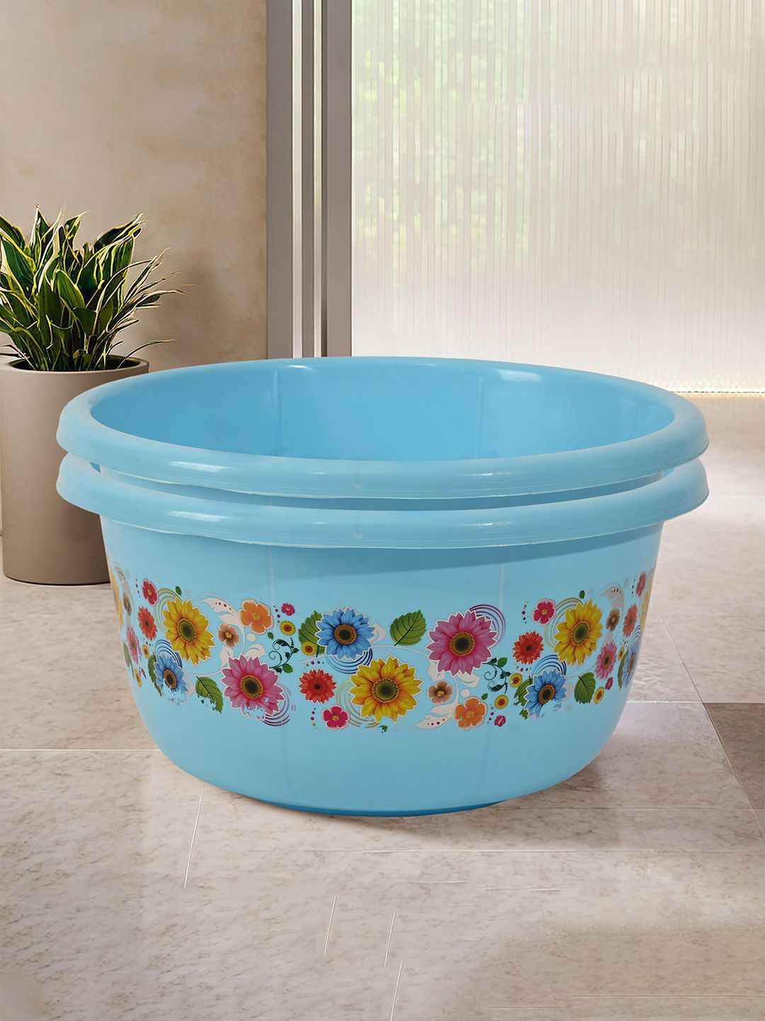Kuber Industries Blue & Yellow 2 Pieces Floral Printed Bath Tub
