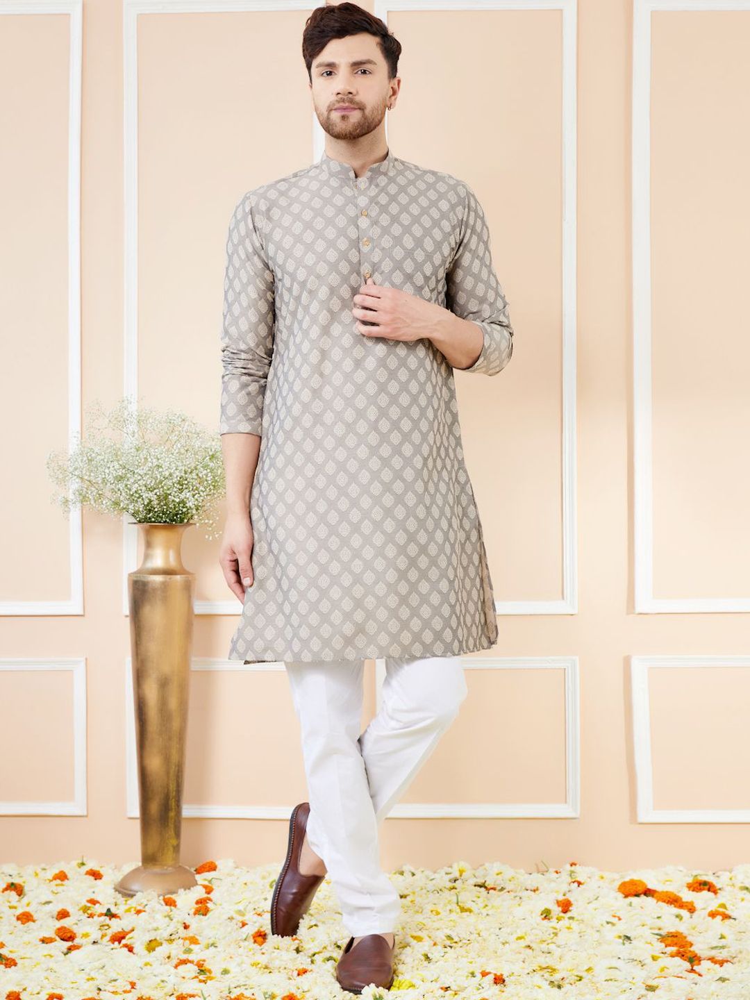 See Designs Ethnic Motifs Mandarin Collar Pure Silk Straight Kurta