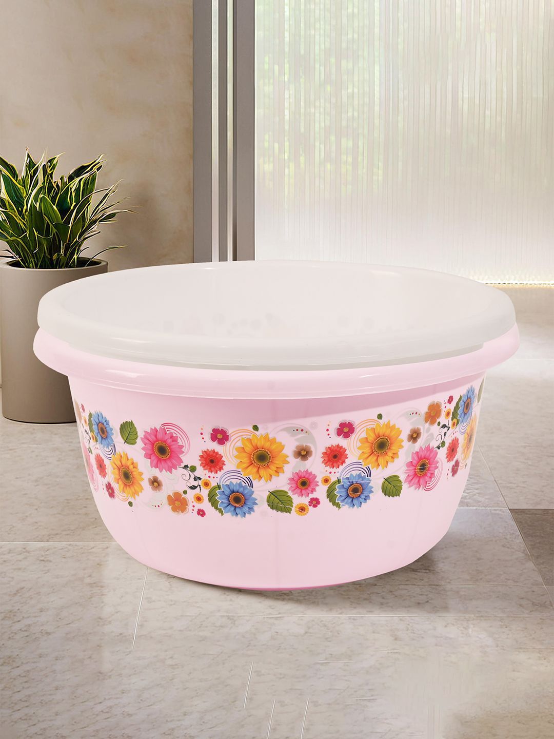 Kuber Industries White & Pink 2 Pieces Floral Printed Bath Tubs 40 L Each