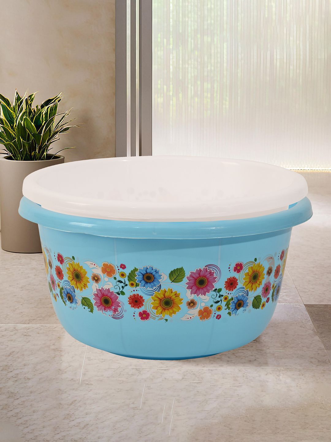Kuber Industries White & Blue 2 Pieces Floral Printed Bath Tubs 40 L Each
