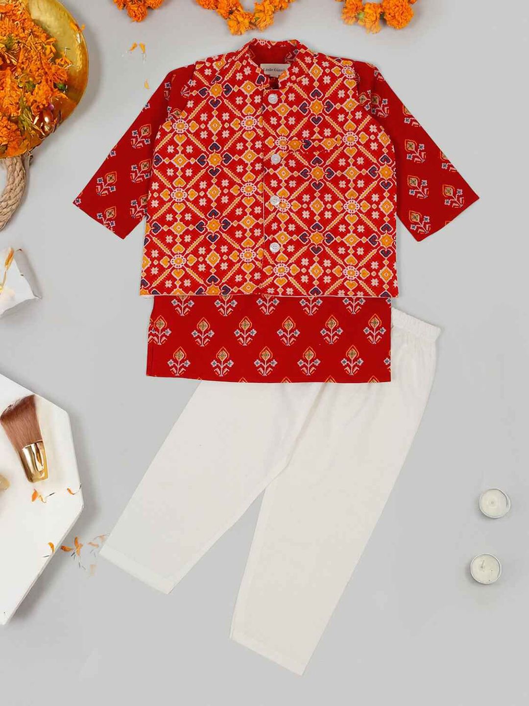 LITTLE GINNIE Boys Bandhani Printed Pure Cotton Kurta with Trouser and Jacket