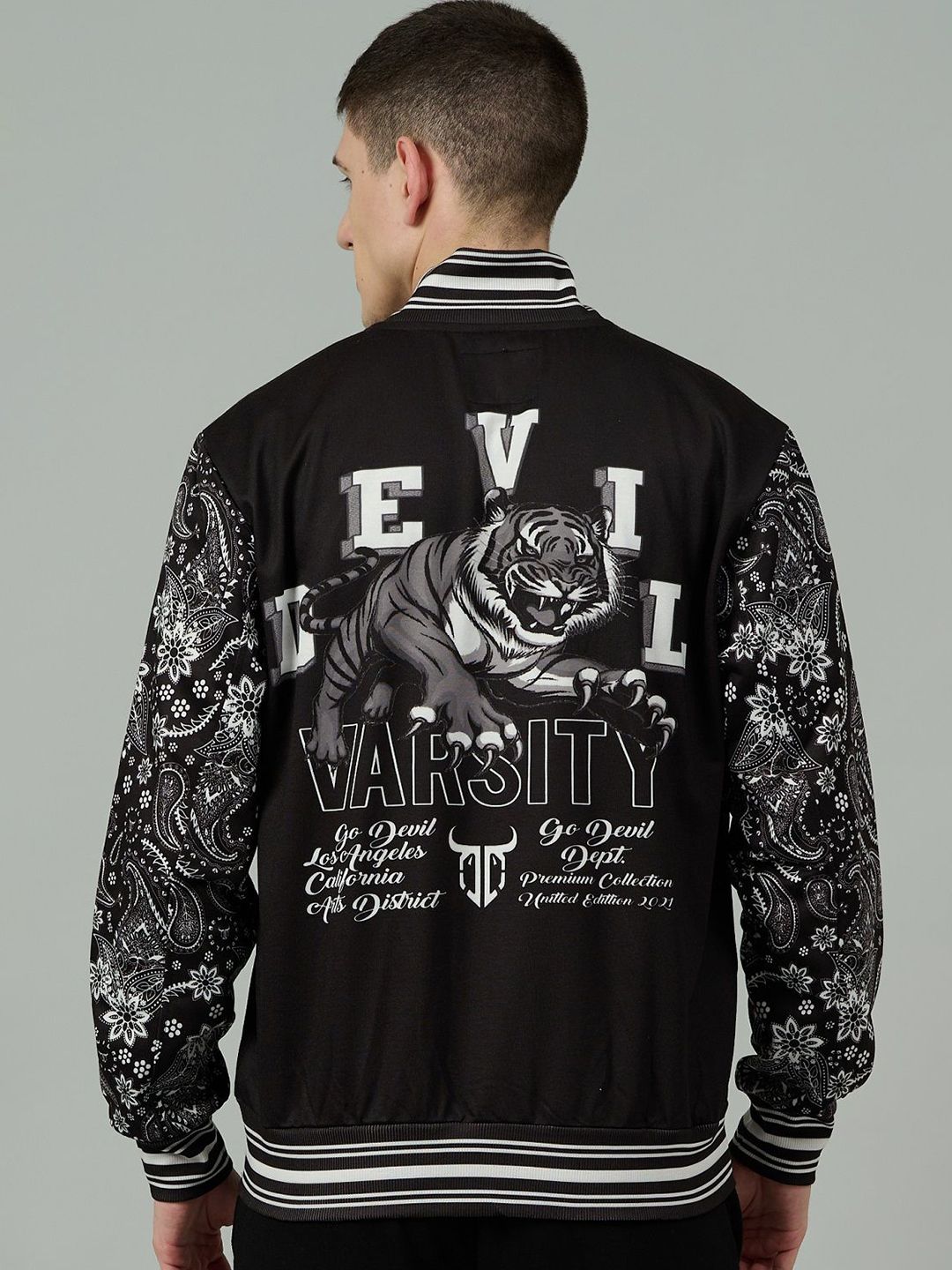 GO DEVIL Men Stand Collar Graphic Printed Cotton Casual Bomber Jacket