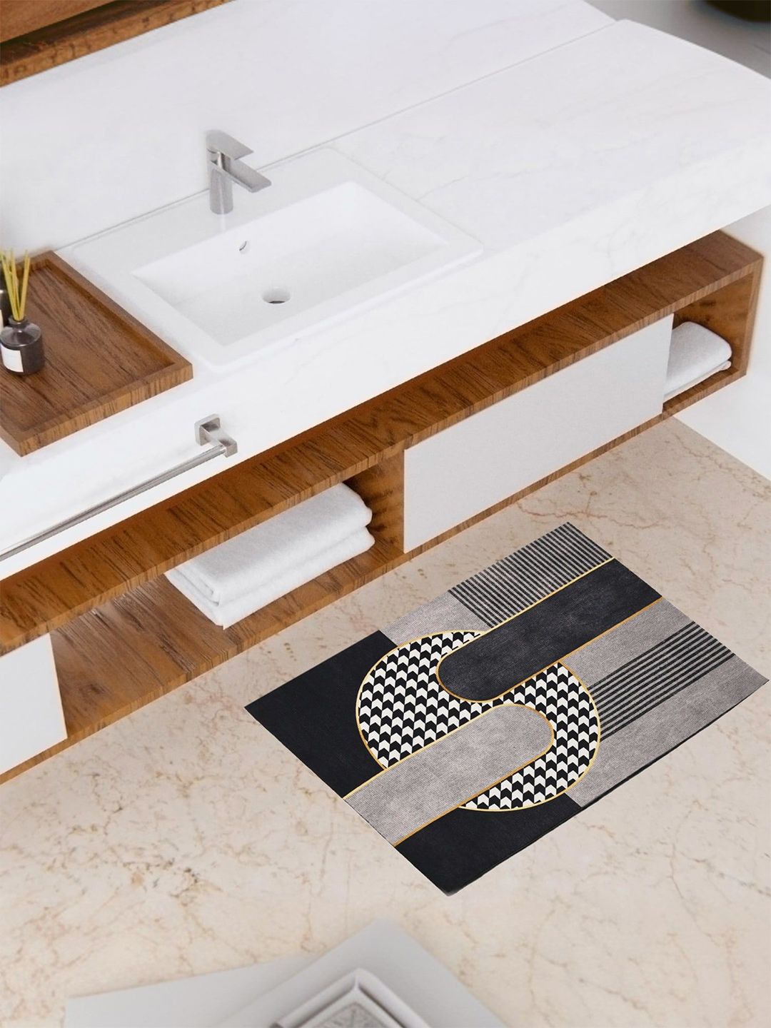 Kuber Industries Black & Grey Printed 150 GSM Rectangular Bath Rugs