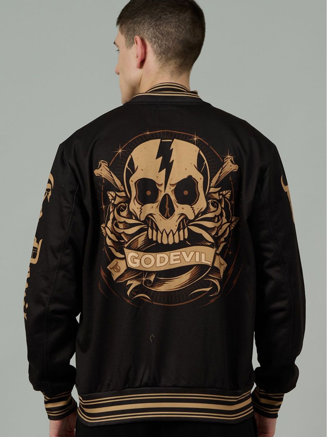GO DEVIL Men Stand Collar Graphic Printed Cotton Casual Bomber Jacket
