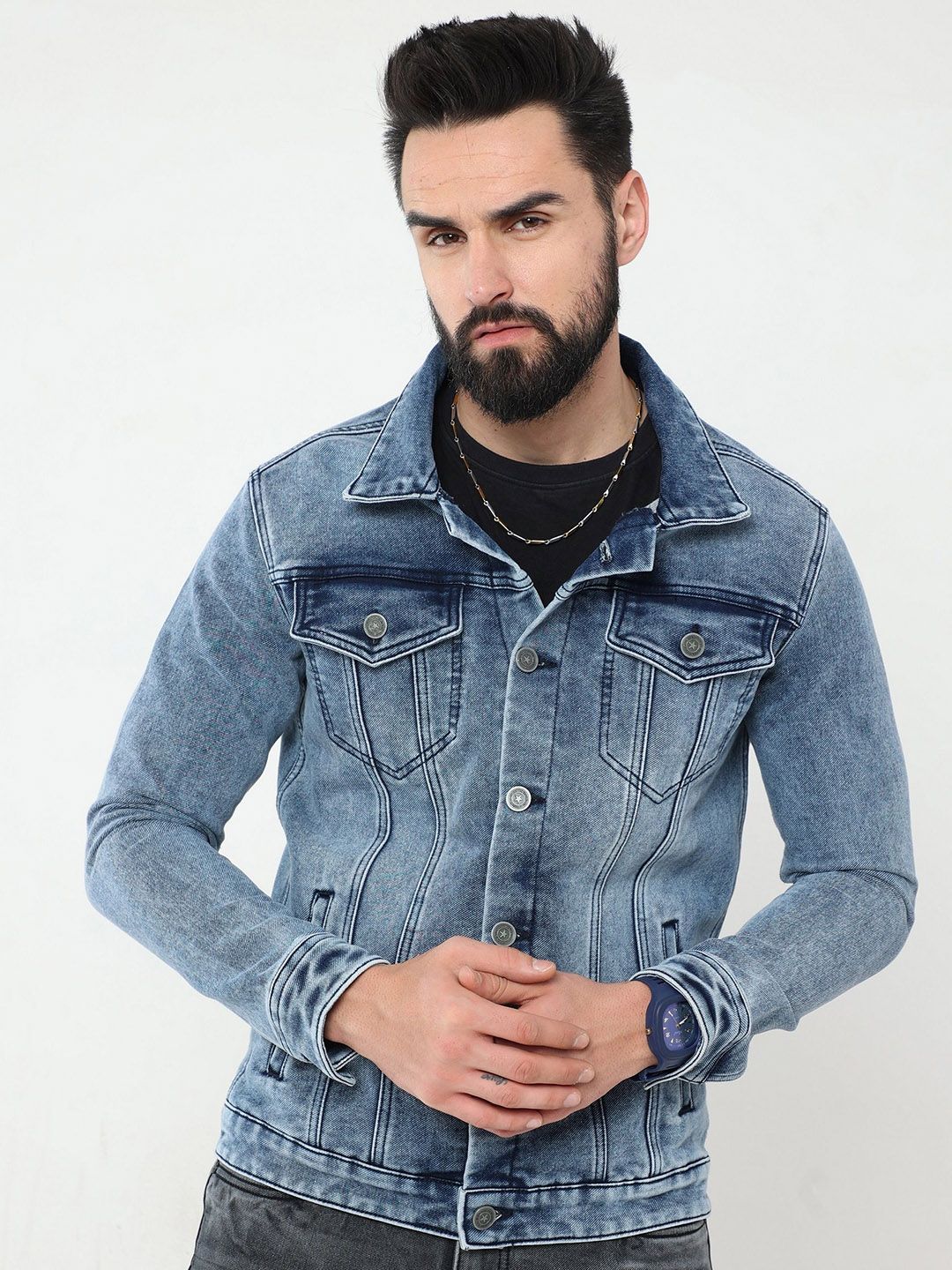 Reslag Men Spread Collar Solid Denim Casual Denim Jacket