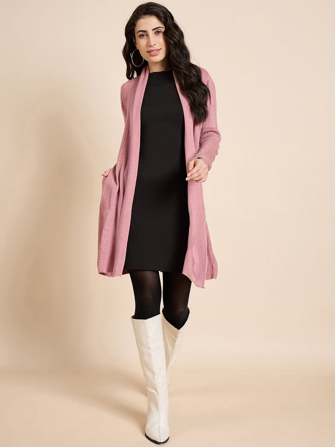 CREATIVE LINE Self Design Woollen Longline Open Front Shrug