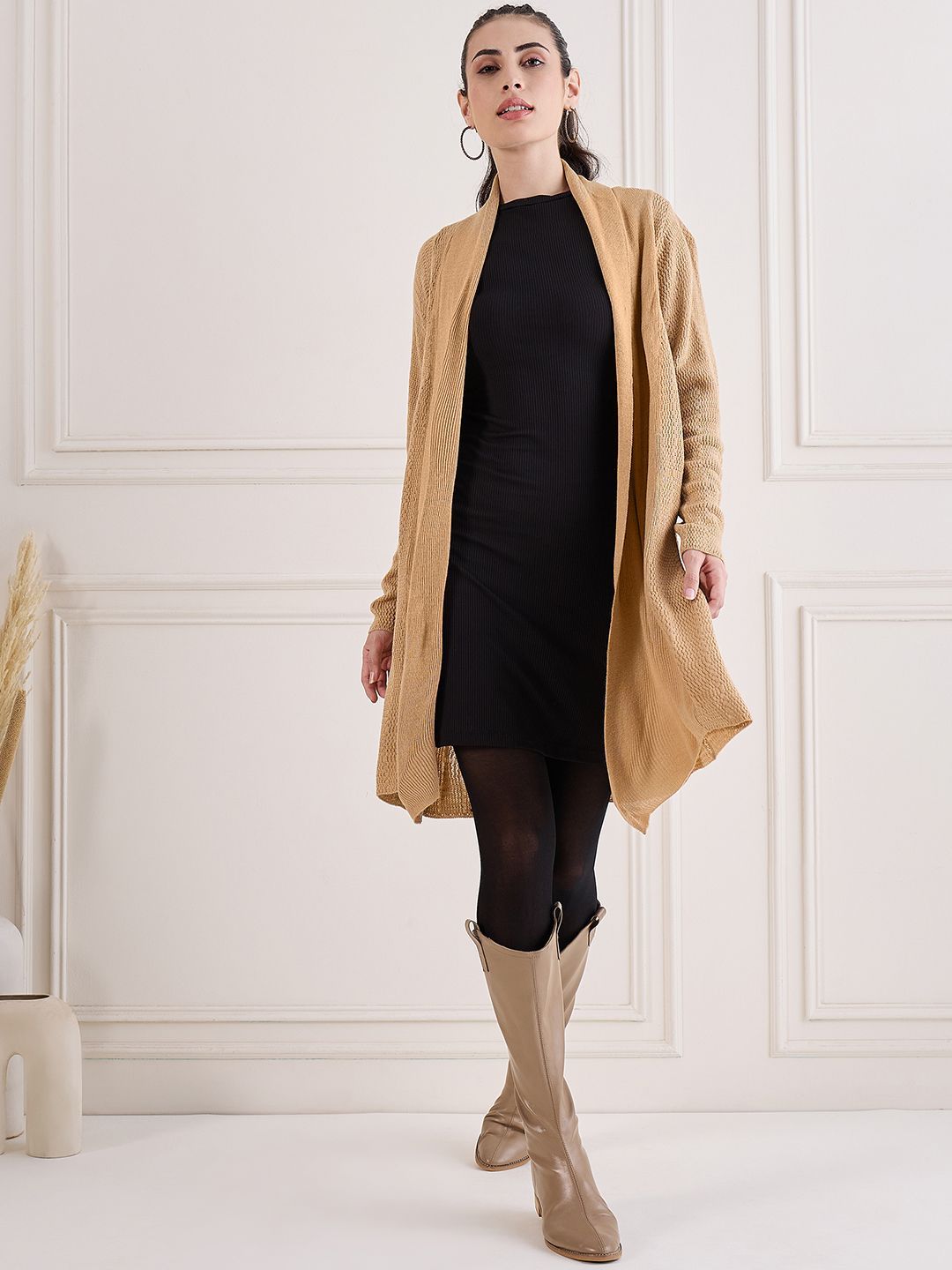 CREATIVE LINE Self Design Shawl Collar Longline Woollen Open Front Shrug