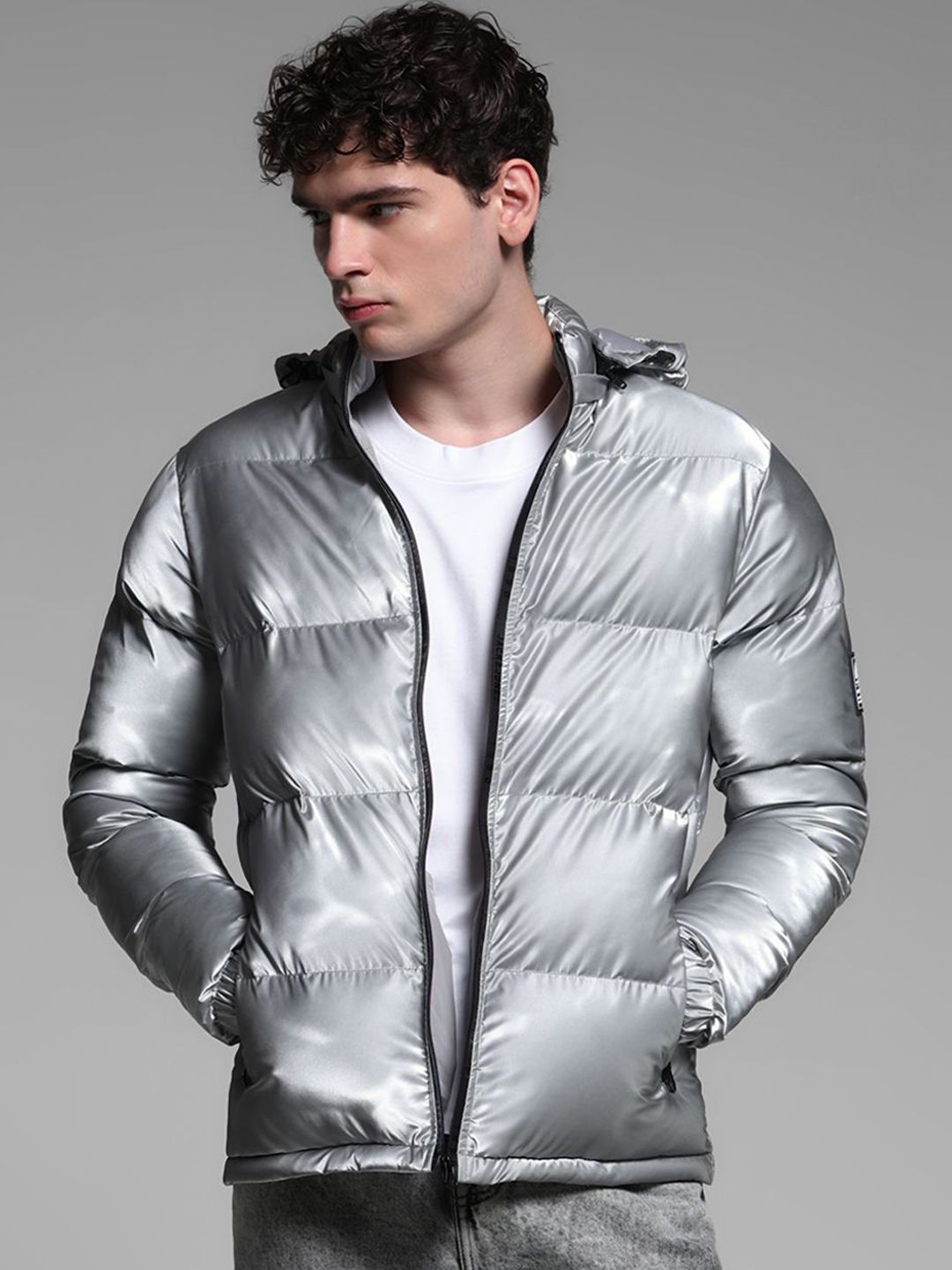 Jack & Jones Men Mock Collar Solid Casual Puffer Jacket