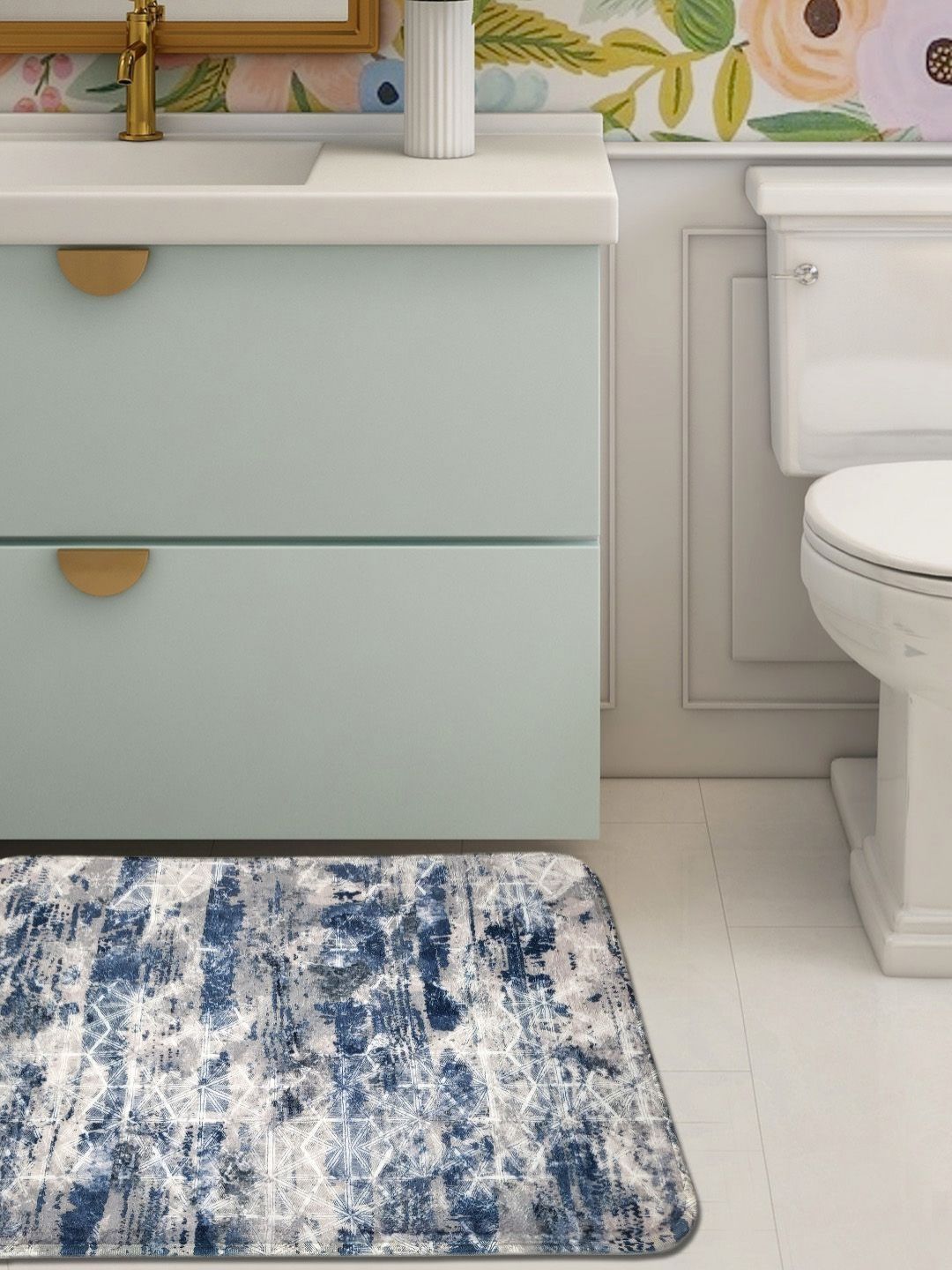 ANA Blue & White Printed 1800 GSM Anti-Skid Bath Rugs