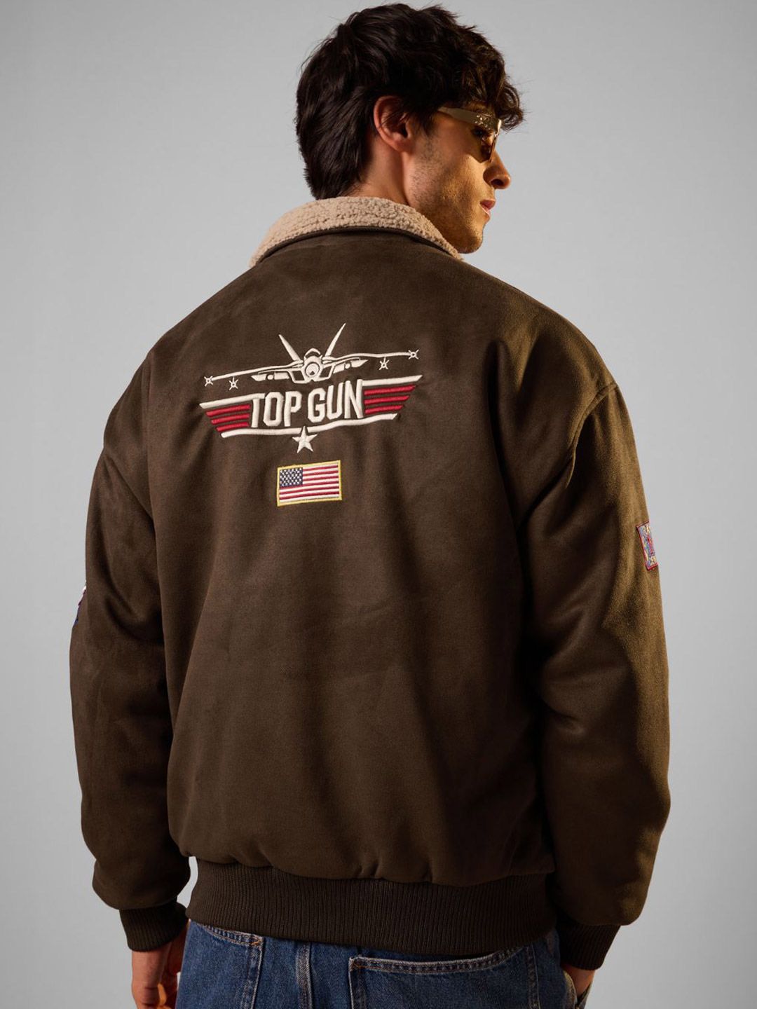 The Souled Store Men Oversized Fit Top Gun Printed Brown Jackets