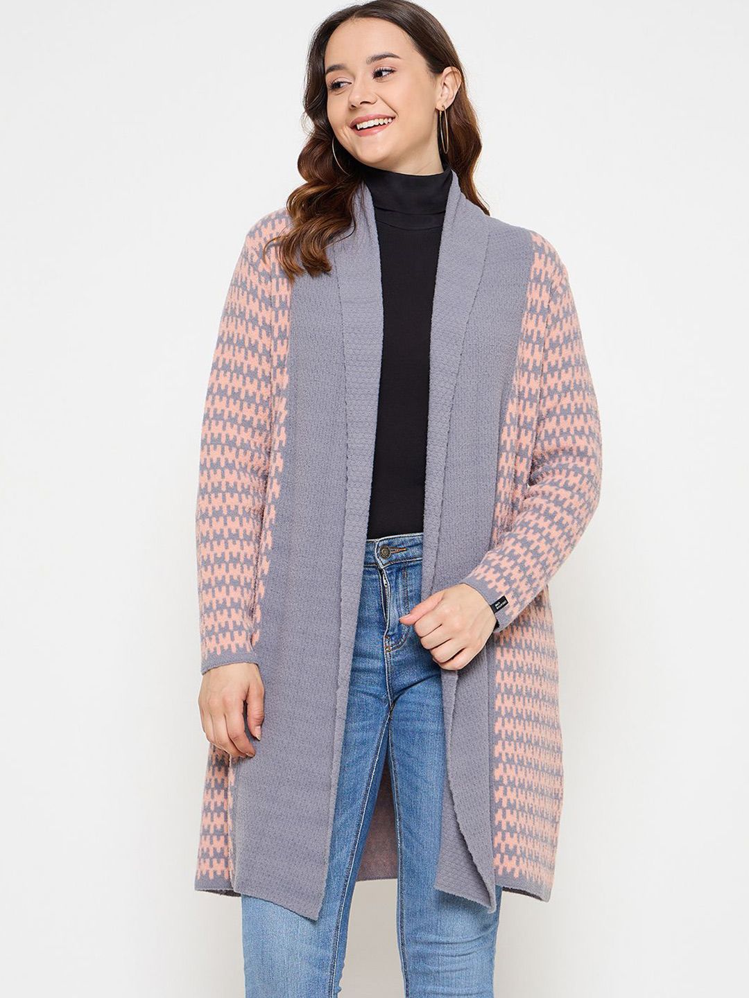 CREATIVE LINE Geometric Self Design Shawl Collar Longline Woollen Open Front Shrug