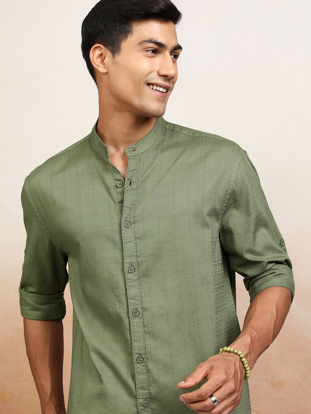 Highlander Men Dobby Striped Mandarin Collar Roll Up Sleeve Relaxed Shirt