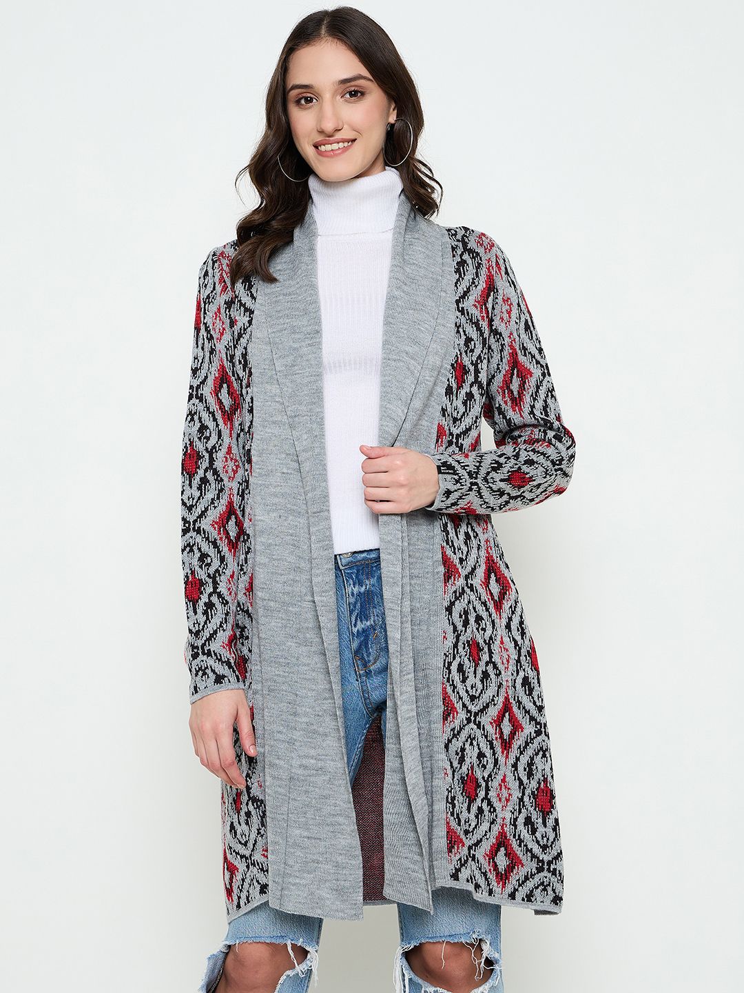 CREATIVE LINE Geometric Self Design Longline Woollen Open Front Shrug