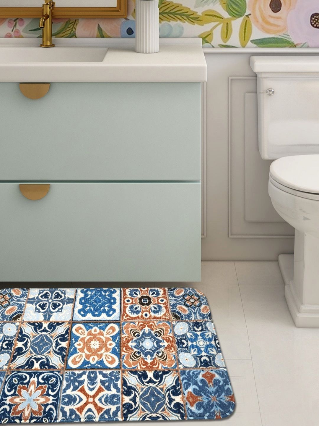 ANA Blue & Brown Printed Anti-Skid Bath Rugs