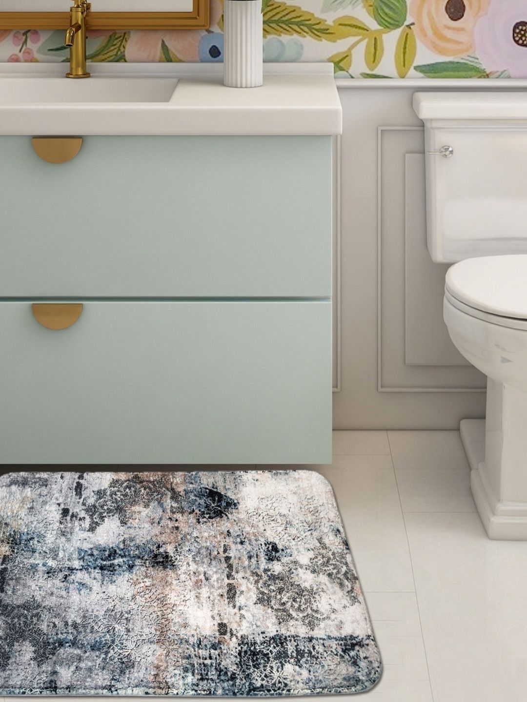 ANA Grey & White Printed Anti-Skid Bath Rugs