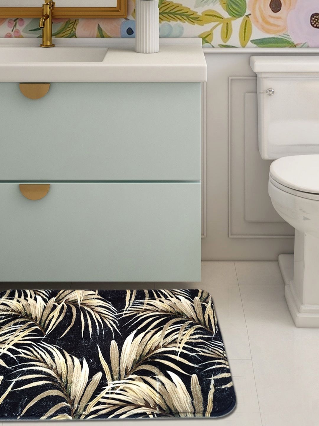 ANA Black & Cream Colored Printed Anti-Skid Bath Rugs