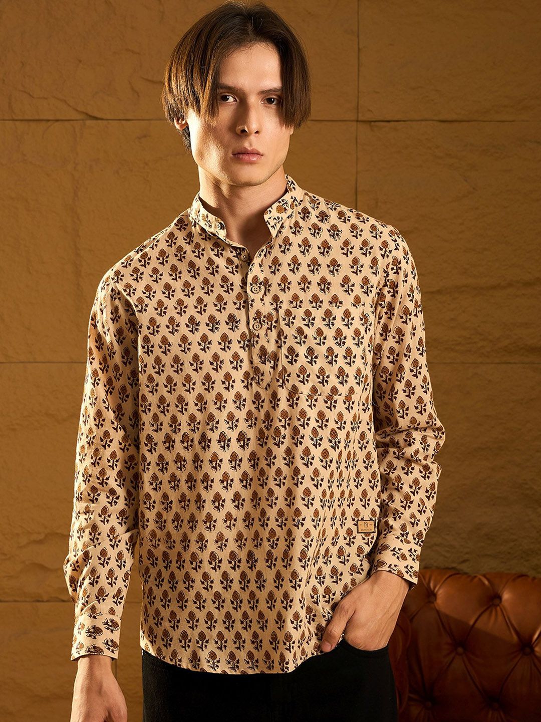 DENNISON Floral Block Printed Mandarin Collar Cotton Short Kurta