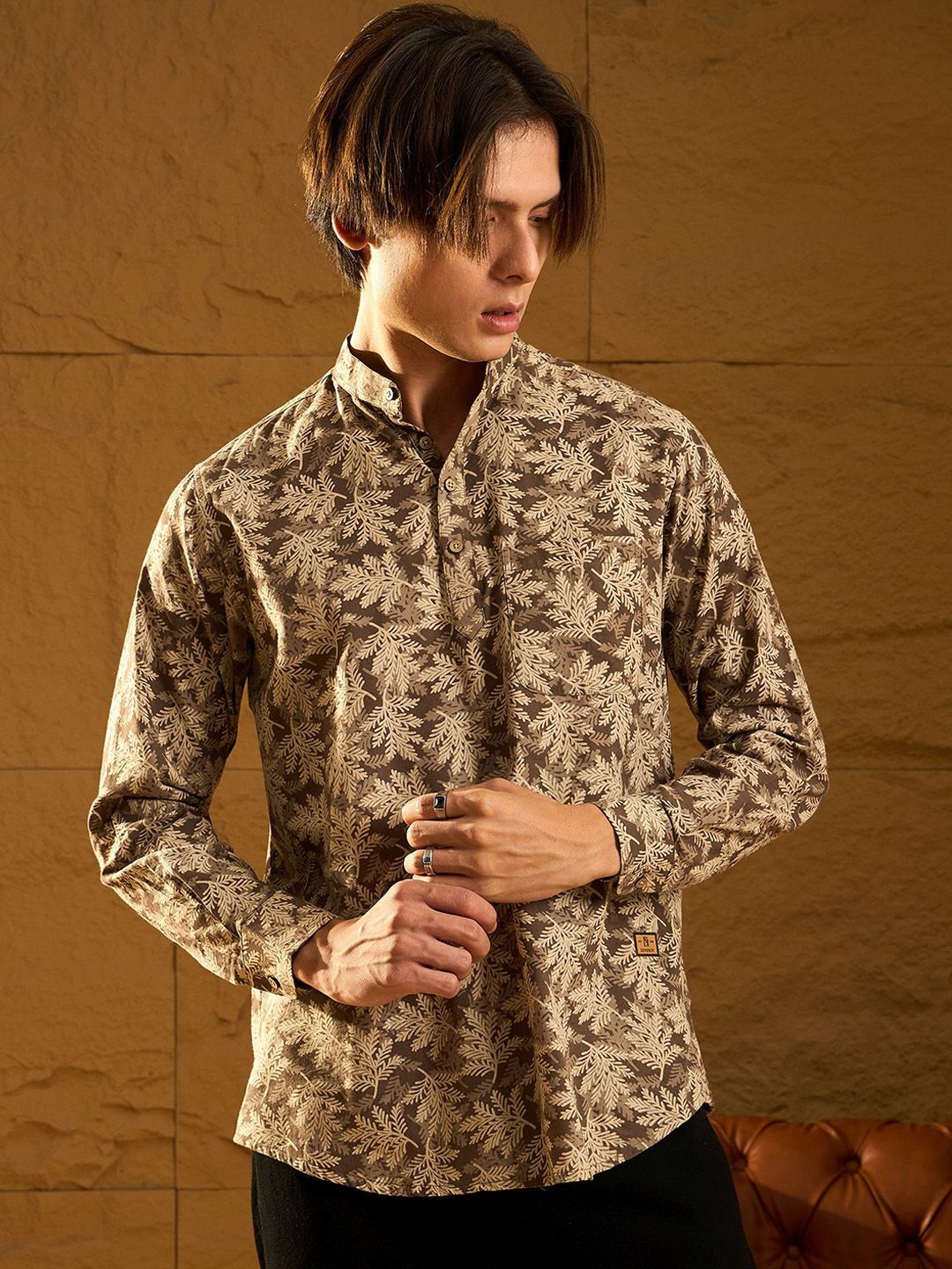 DENNISON Floral Block Printed Mandarin Collar Cotton Short Kurta