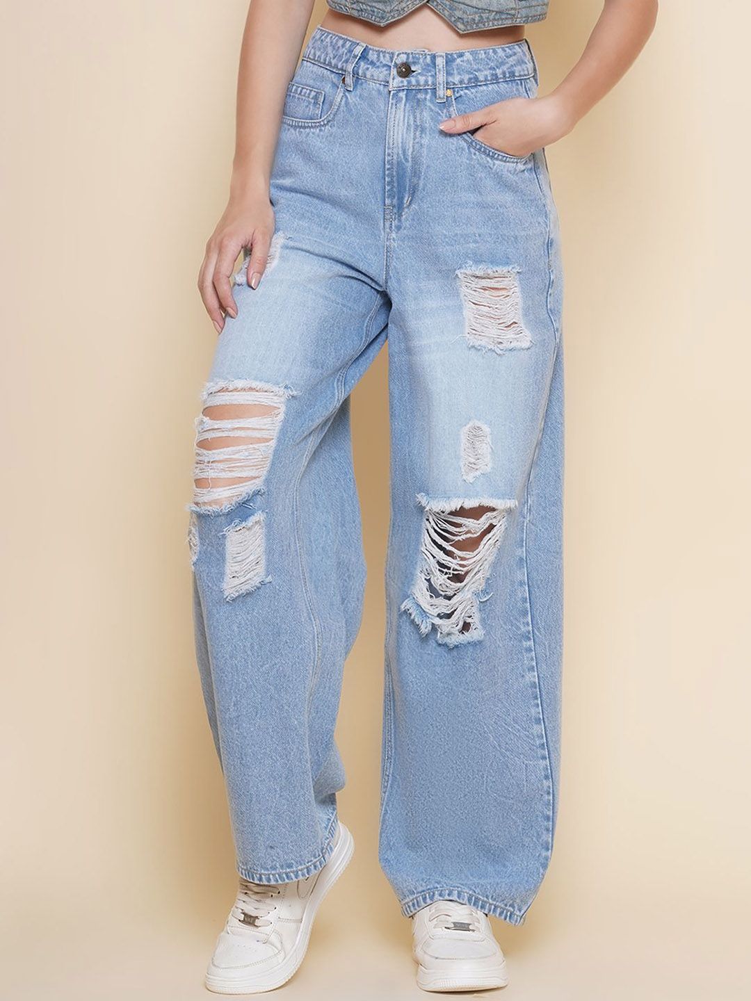 PUELLA Women Cotton Flared High-Rise Highly Distressed Light Fade Jeans