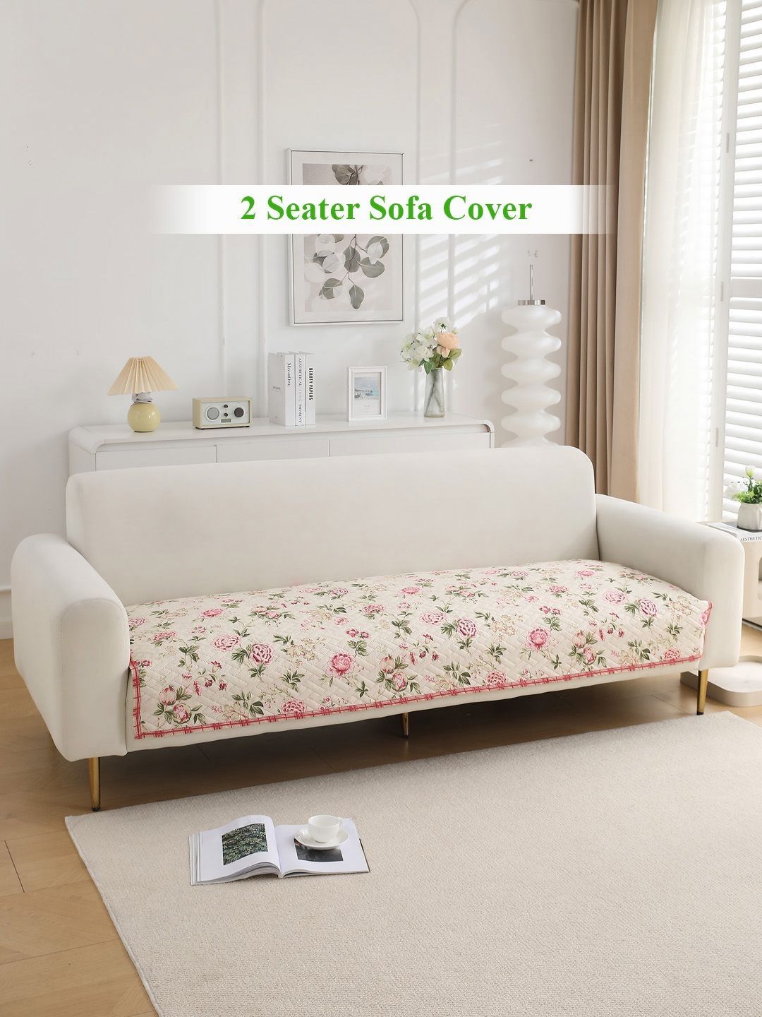 HOKIPO Beige & Pink Floral Printed 2-Seater Sofa Cover