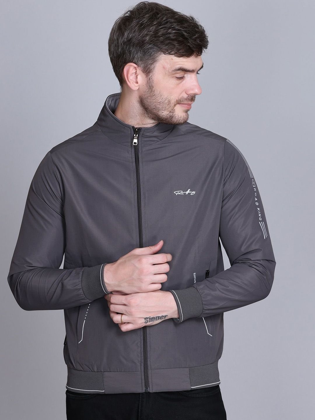 Roadking Men Mock Collar Solid Casual Bomber Jacket