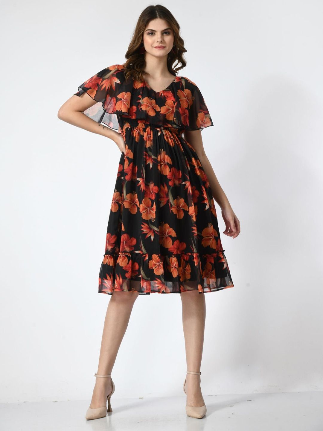 Fuchsia Fuchsia Women Floral Printed Flared Sleeve Empire Dress