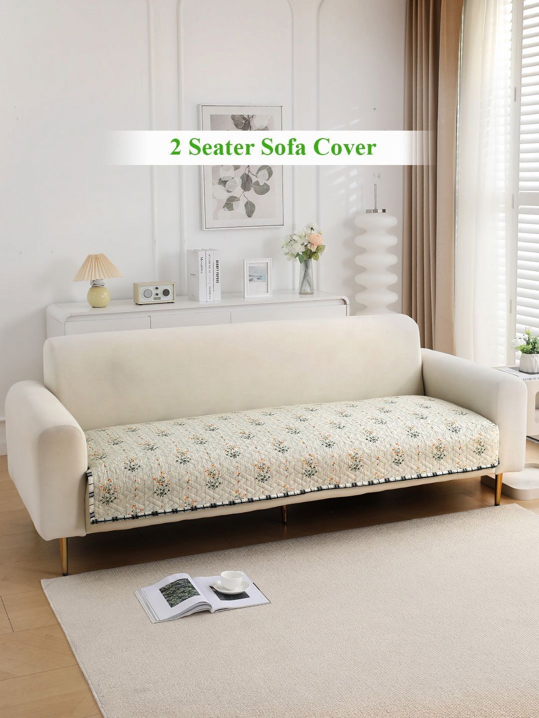 HOKIPO Green & White Printed 2-Seater Quilted Sofa Cover
