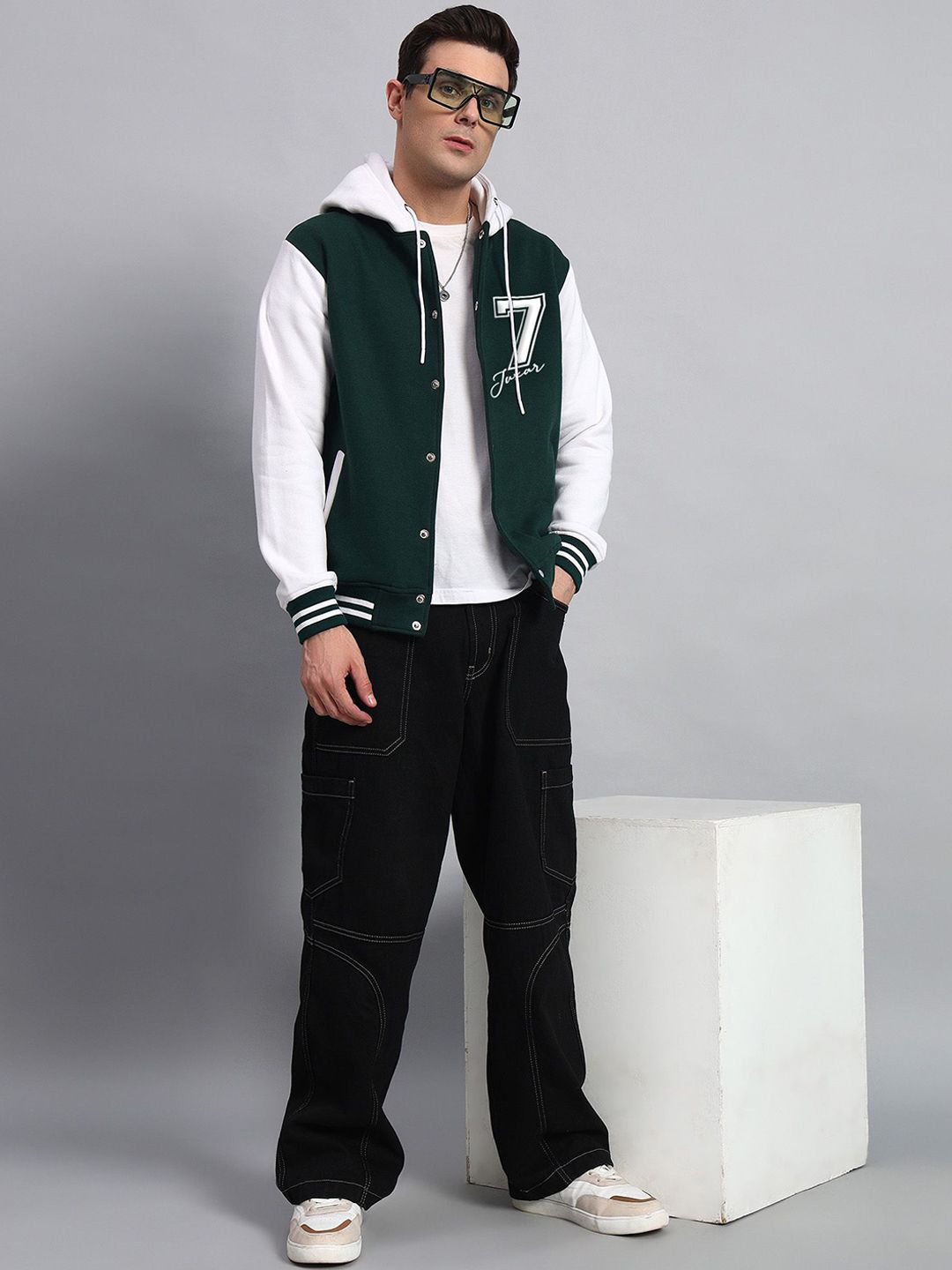 Buy Juxar Men Hooded Colourblocked Cotton Casual Varsity Jacket