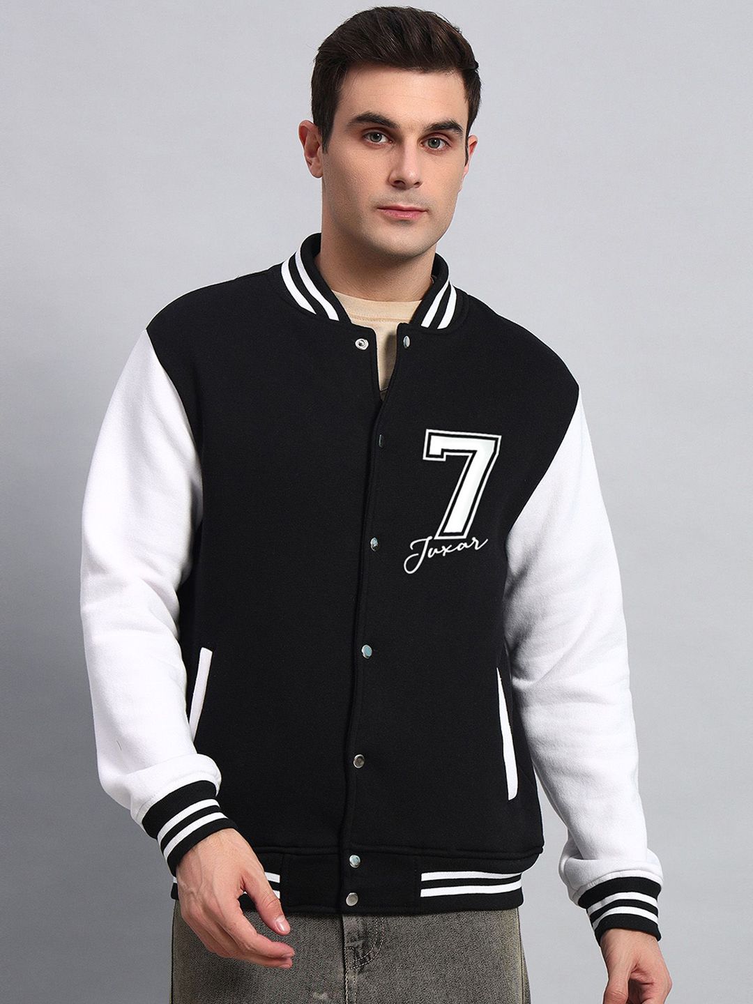 Juxar Men Stand Collar Colourblocked Cotton Casual Varsity Jacket