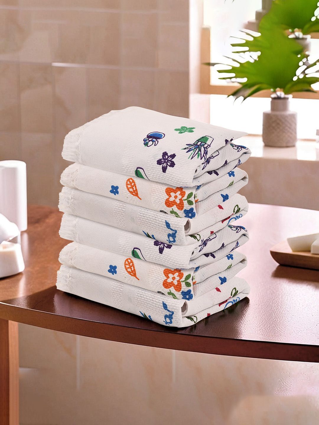 Kuber Industries White & Purple 6 Pieces Floral Printed Cotton 210 GSM Face Towels