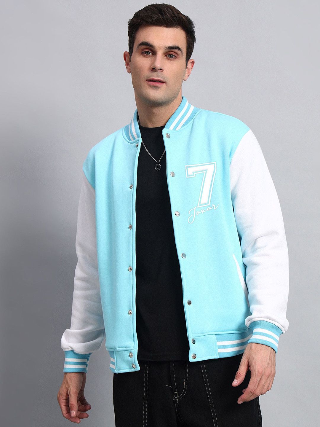 Juxar Men Stand Collar Colourblocked Cotton Casual Varsity Jacket
