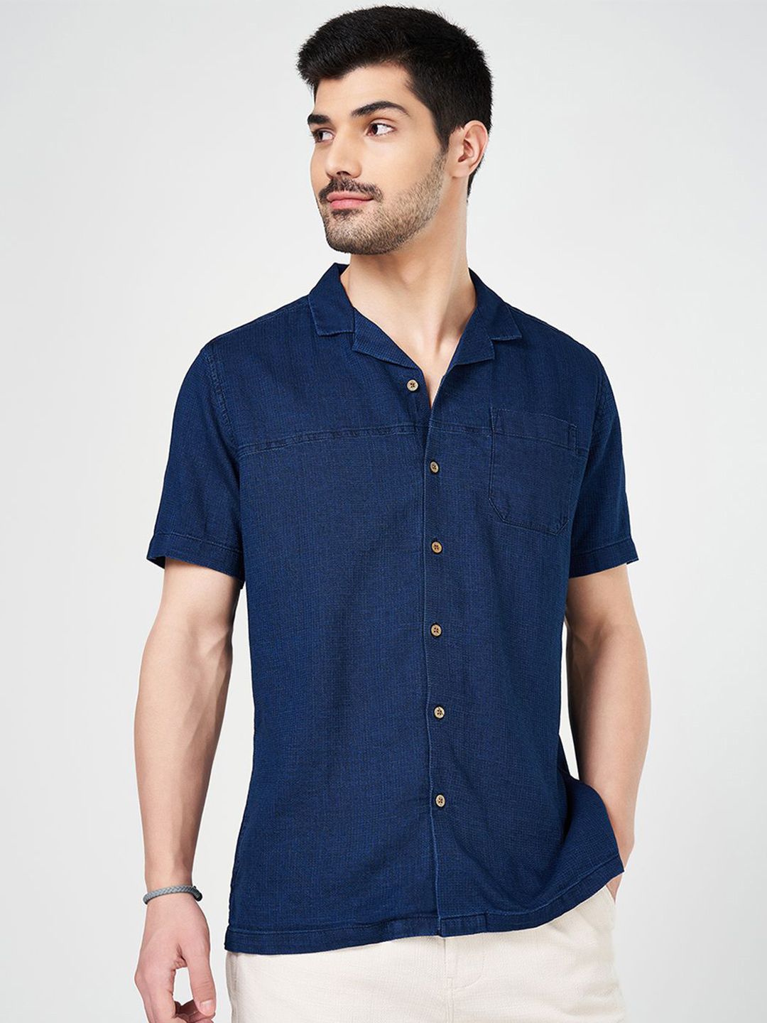 7 Alt by Pantaloons Men Cuban Collar Solid Cotton Relaxed Fit Casual Shirt