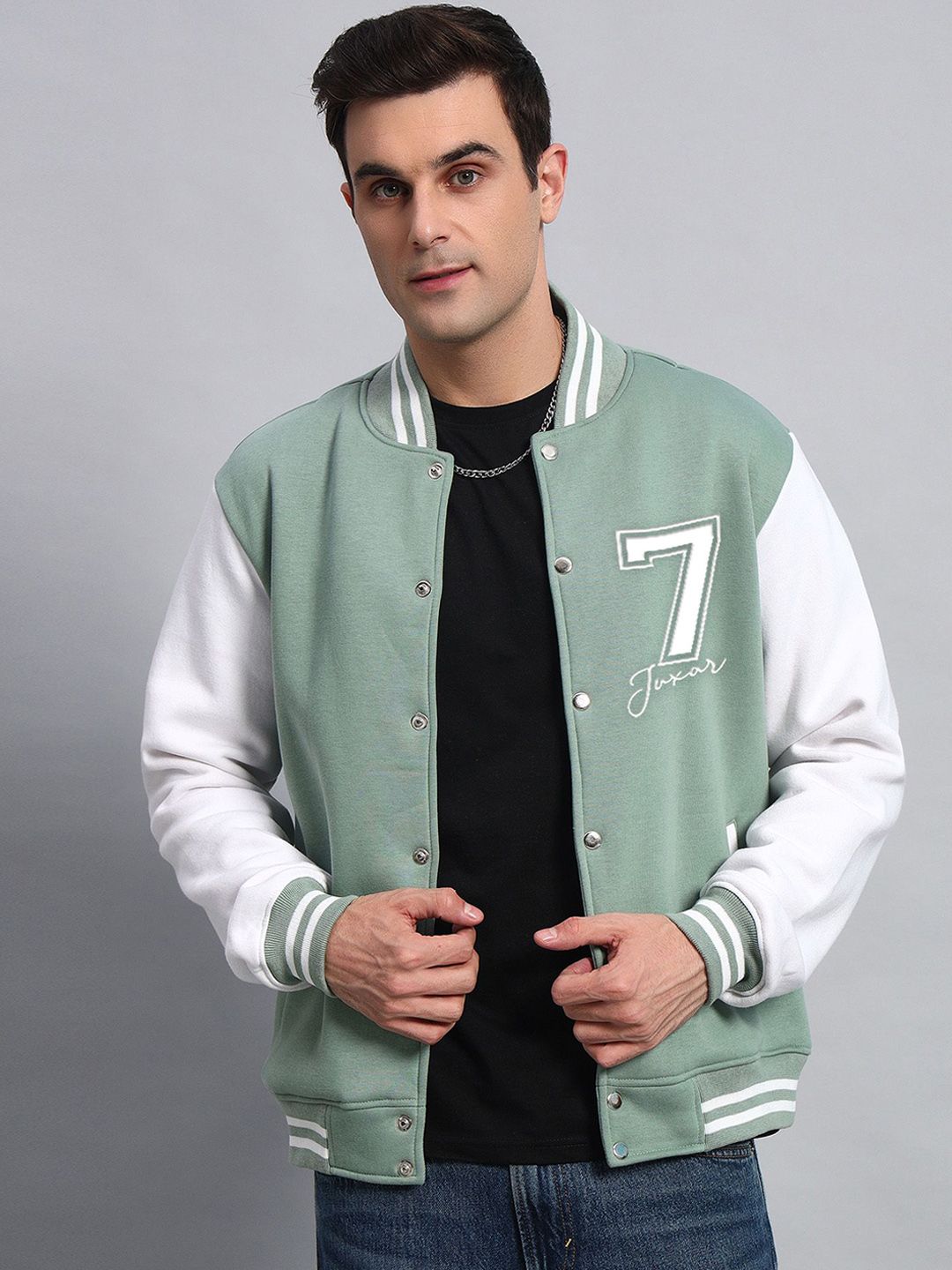 Juxar Men Stand Collar Colourblocked Cotton Casual Varsity Jacket