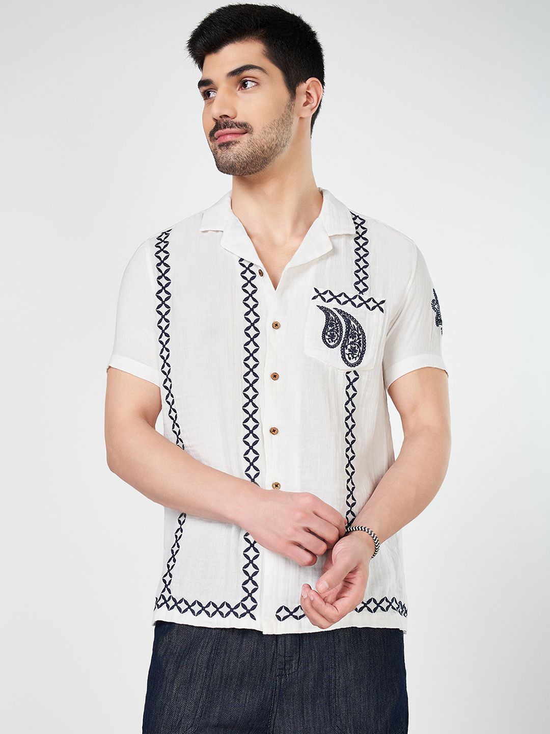 7 Alt by Pantaloons Men Cuban Collar Ethnic Motifs Printed Cotton Relaxed Fit Casual Shirt