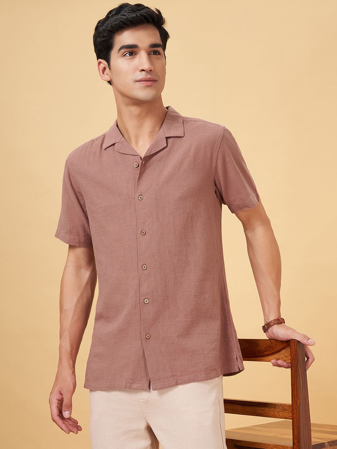 7 Alt by Pantaloons Men Cuban Collar Solid Cotton Relaxed Fit Casual Shirt