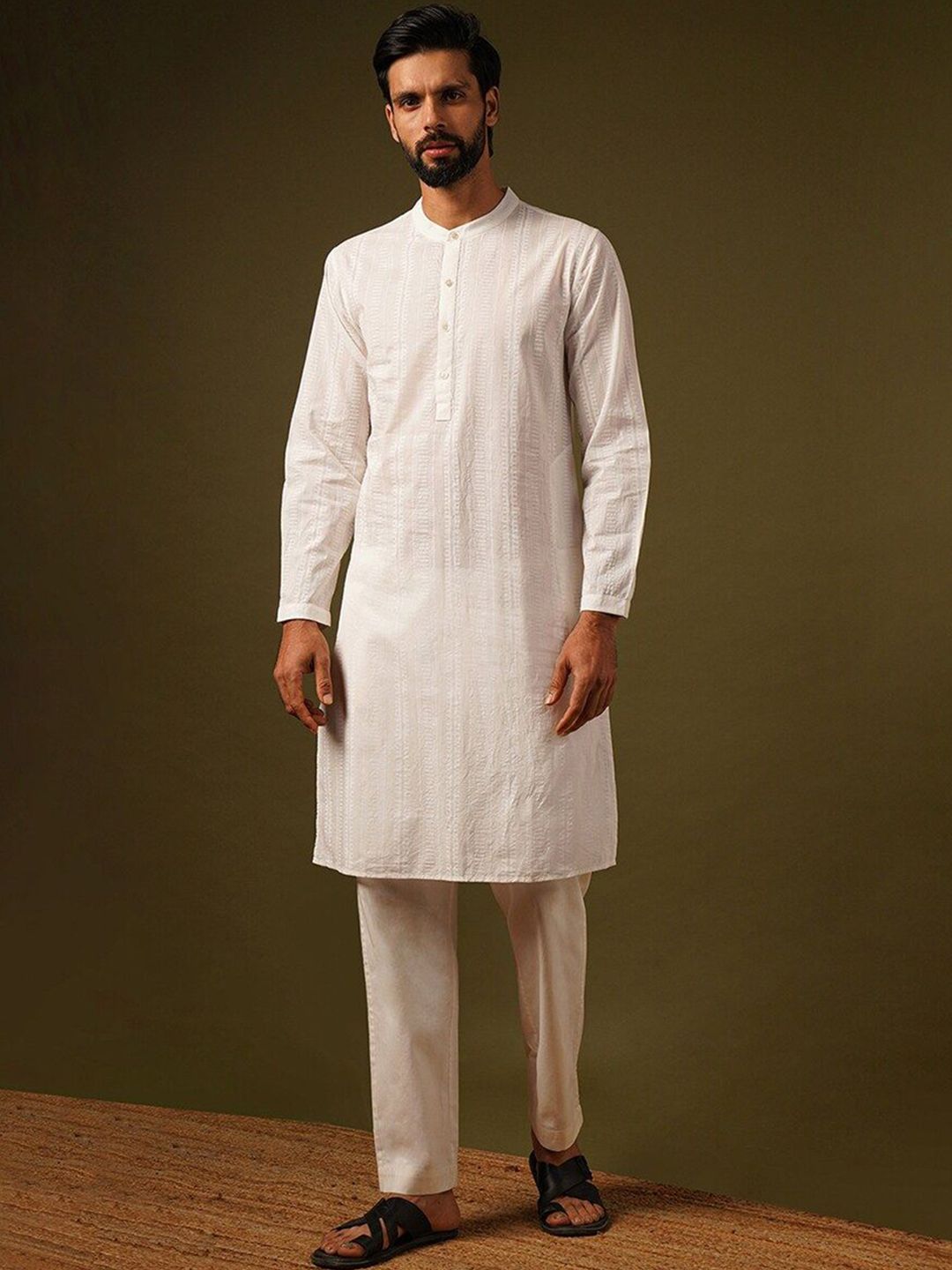 JAYPORE Geometric Printed Band Collar Long Roll-Up Sleeves Pure Cotton Flared Kurta