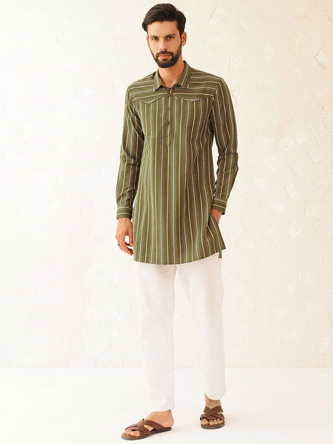 JAYPORE Striped Shirt Collar Pure Cotton Straight Kurta