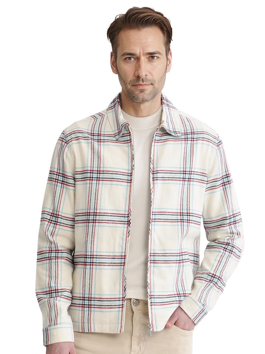 RARE RABBIT Men Off White Regular Fit Checked Casual Shacket