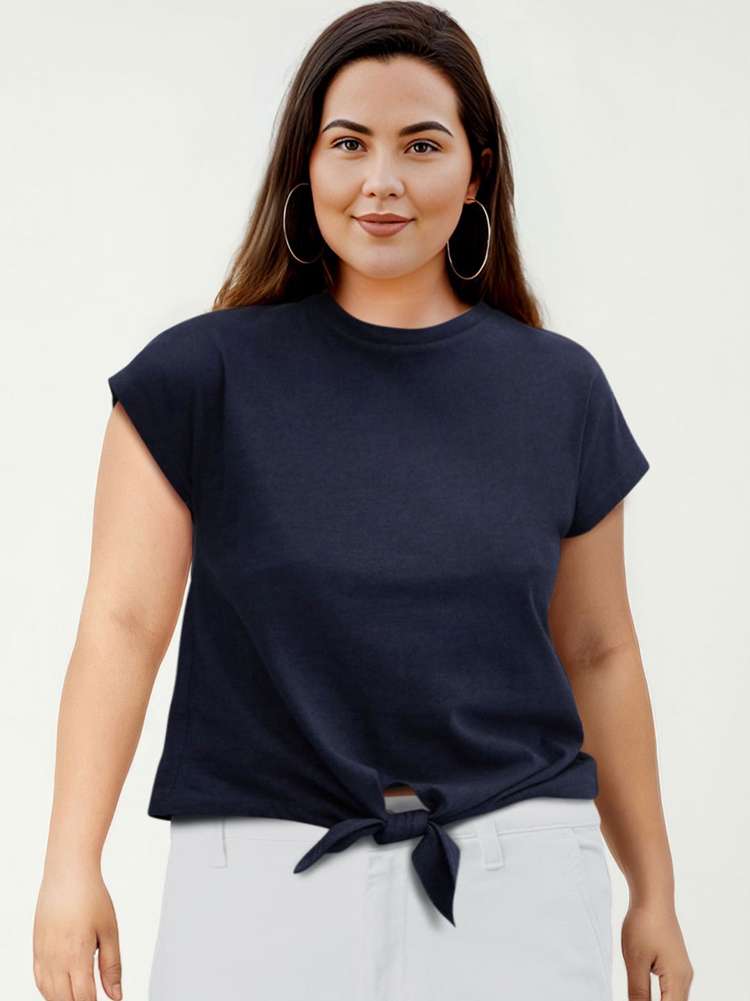 Tie Up Waist Extended Sleeves Pure Cotton T-shirt