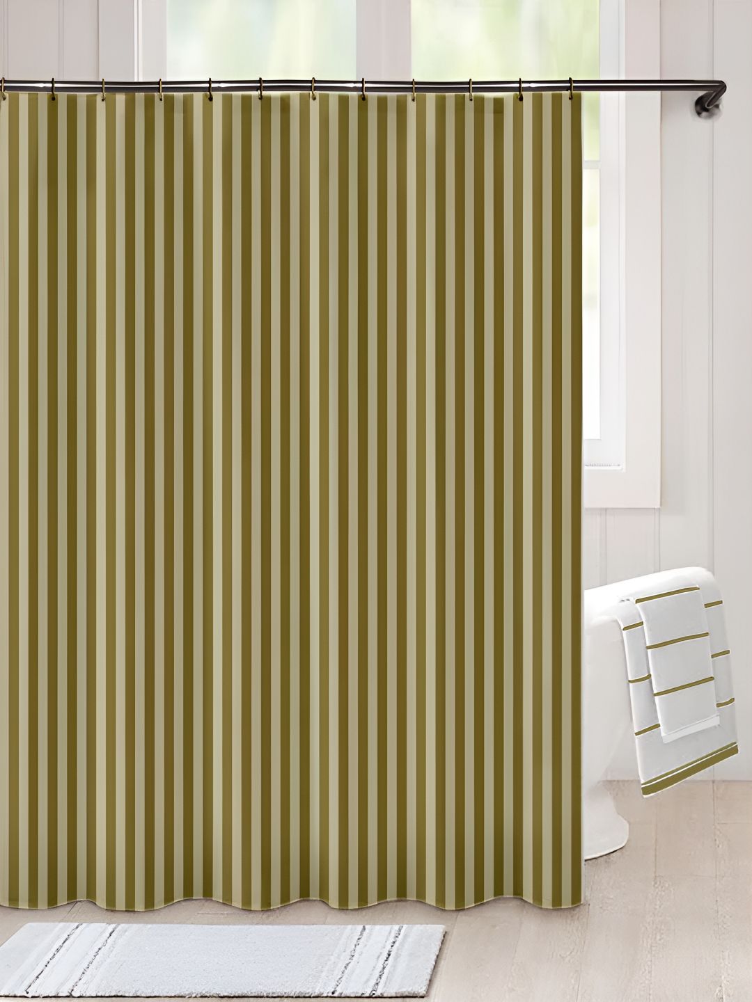 Lushomes Olive Green & Yellow Striped Self Design Shower Curtain