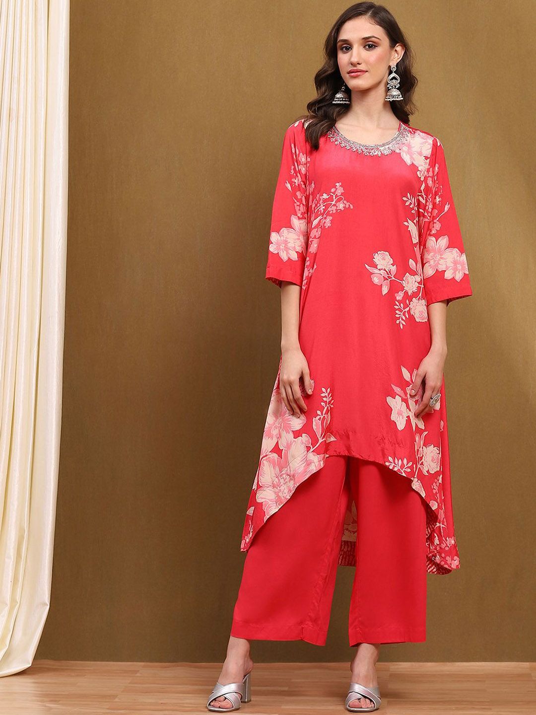 Biba Biba Ethnic Motifs Printed Beads and Stones A-Line Kurta With Palazzos